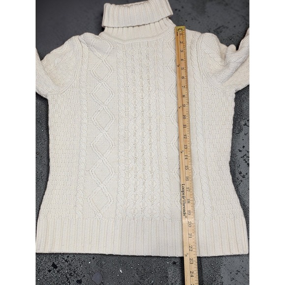 L.L. Bean Women's Cream Wool Blend Classic Cable Knit Turtleneck Sweater Large - Picture 4 of 6